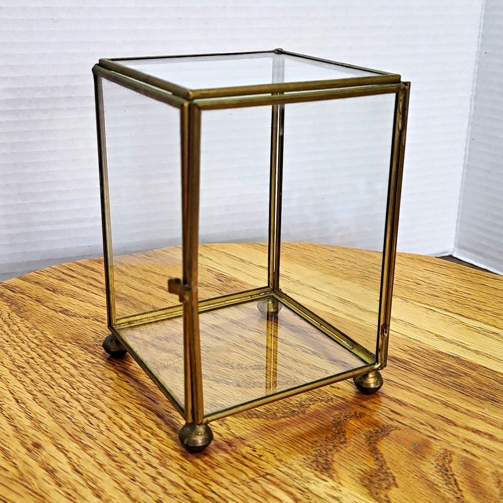 VTG Brass and Glass Footed Display Box Cube Gold Tone Hinged Door